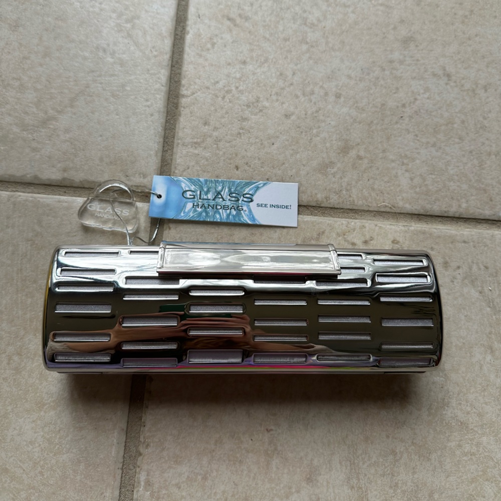 Glass Handbag Silver Rave Metal Clutch NWT